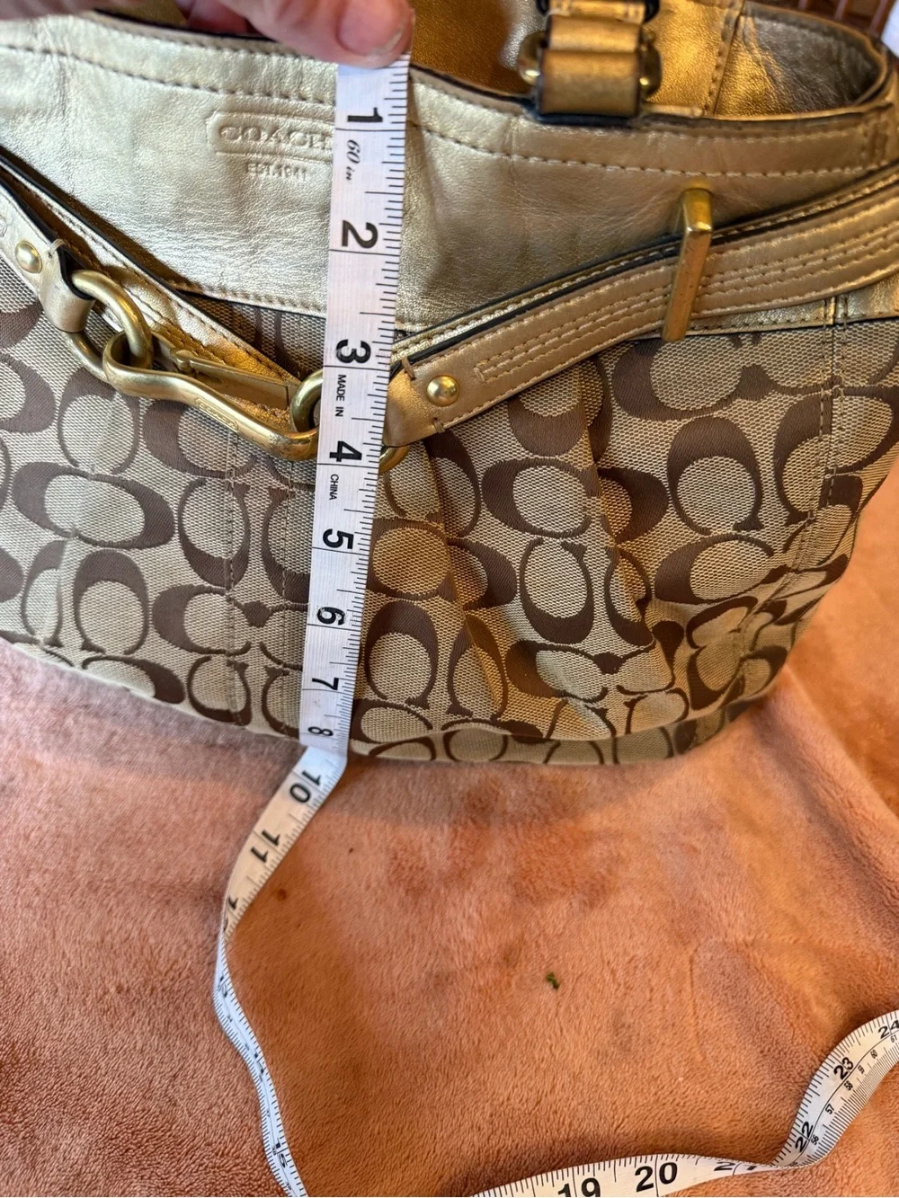 Coach Brown Signature Canvas Shoulder Bag with Metallic Trim
